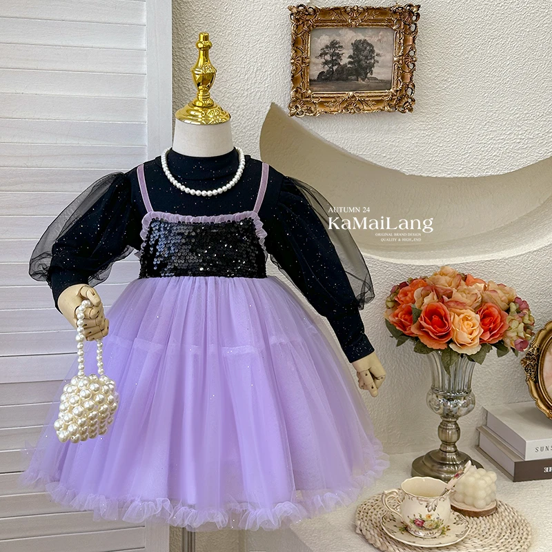 【HM】女童秋季连衣裙新款春秋洋气时髦网纱长袖公主裙子韩版QXS04