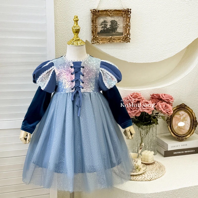 【HM】女童秋季连衣裙2024新款春秋公主裙长袖晚宴礼服裙