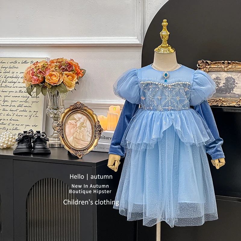 新款女童连衣裙长袖秋冬季甜美爆款高端冰雪小公主生日蓝色公主裙