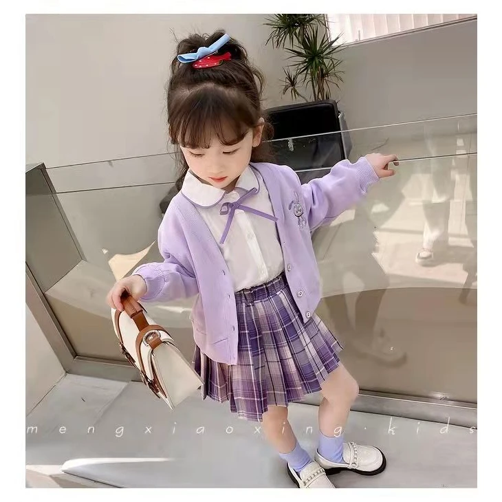 女童套装2024春款洋气三件套学院风针织开衫外套衬衫百褶裙两件套