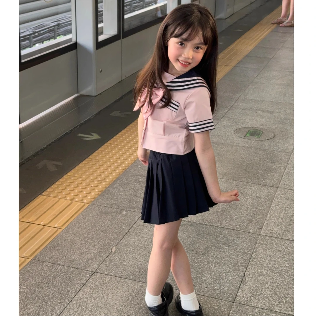女童夏季学院风JK套装裙2024夏季儿童两件套粉色甜美洋气制服套装