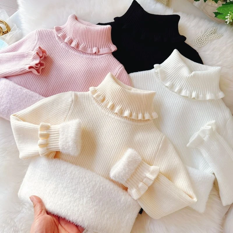 女童毛衣高领花边领2024冬装新款一体绒儿童毛衣厚宝宝毛线衣加绒