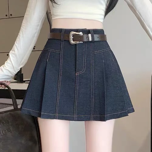 复古牛仔半身裙女小个子A字高腰显瘦百褶裙百搭防走光短裙裤秋季