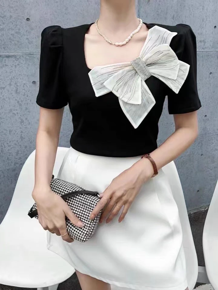 2025年夏季新款方领蝴蝶结拼接短袖t恤女设计感小众时髦别致上衣