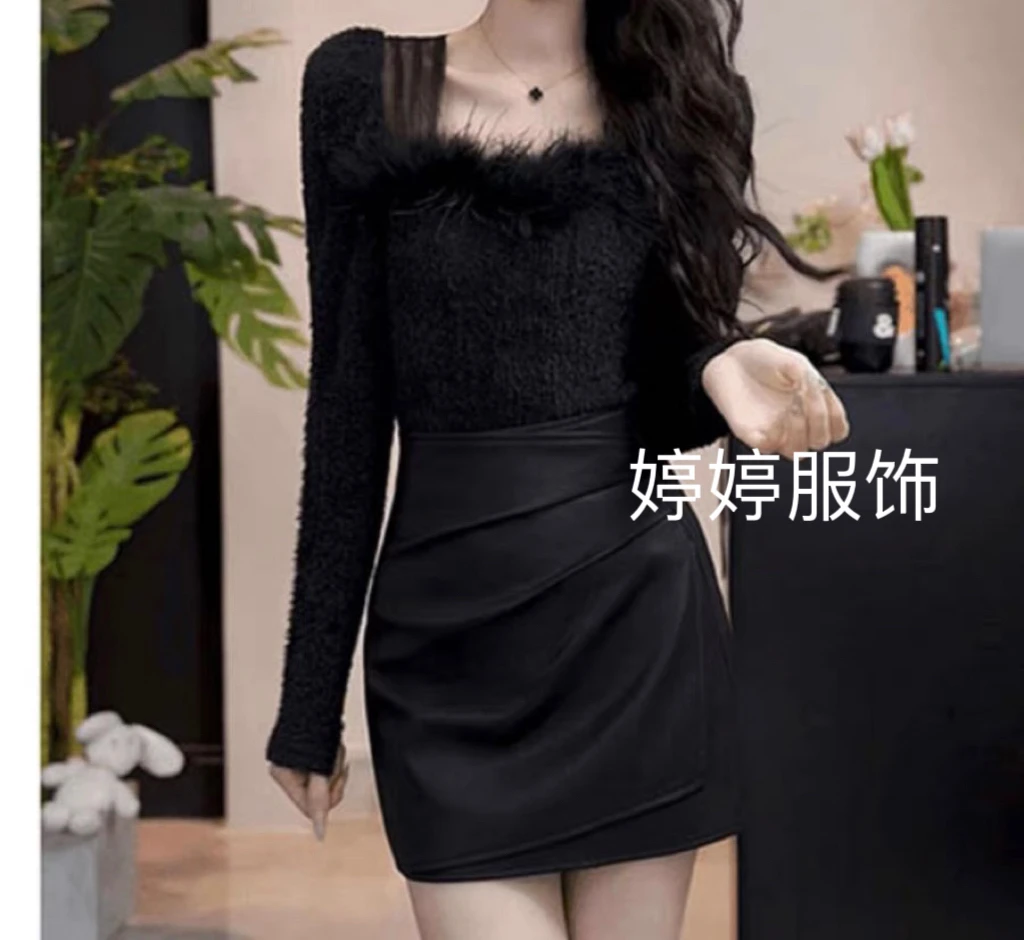 法式拼接网纱毛毛方领长袖t恤打底衫女秋冬季修身高级感内搭上衣