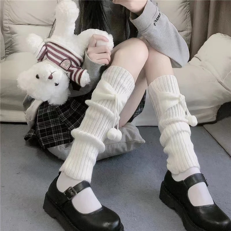 时尚百搭外贸爆款蝴蝶结毛毛球秋冬毛线袜套堆堆袜护腿成人袜子
