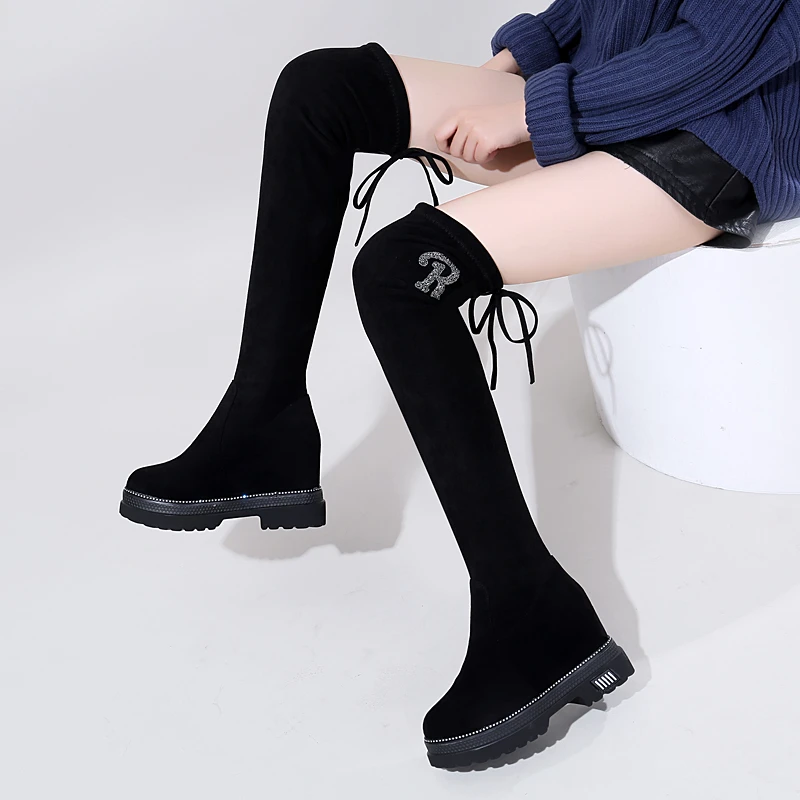 内增高长筒靴女2024新款厚底过膝靴秋冬加绒小个子靴子女长筒靴
