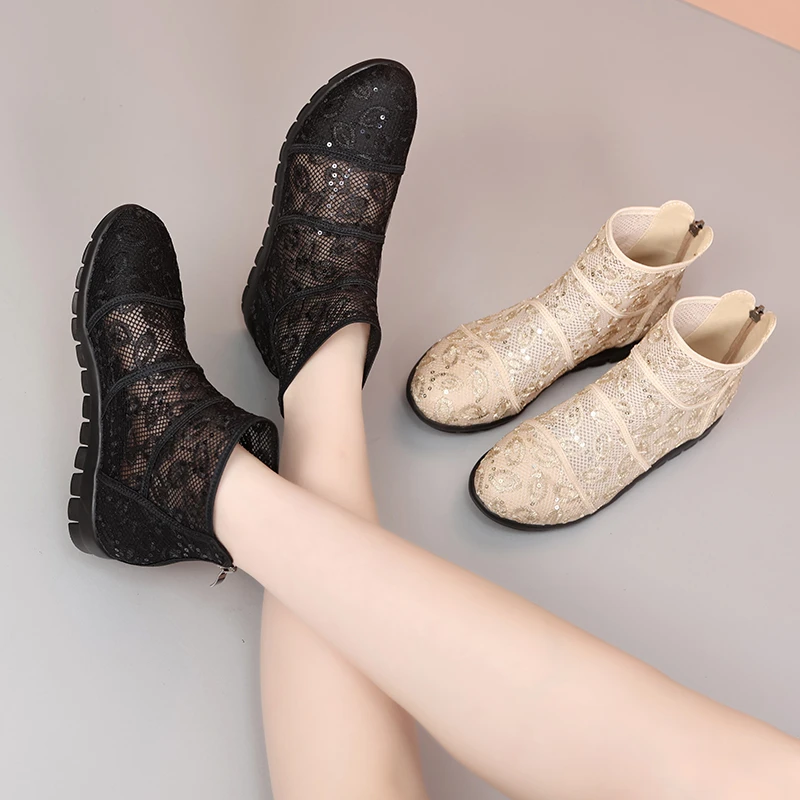 夏季镂空透气凉鞋女平底软底防滑网纱马丁靴薄款法式网鞋洞洞女鞋