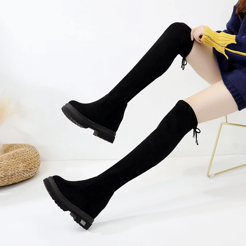 34小码厚底长靴女过膝靴2024秋冬新款高筒弹力靴小个子不掉筒瘦靴