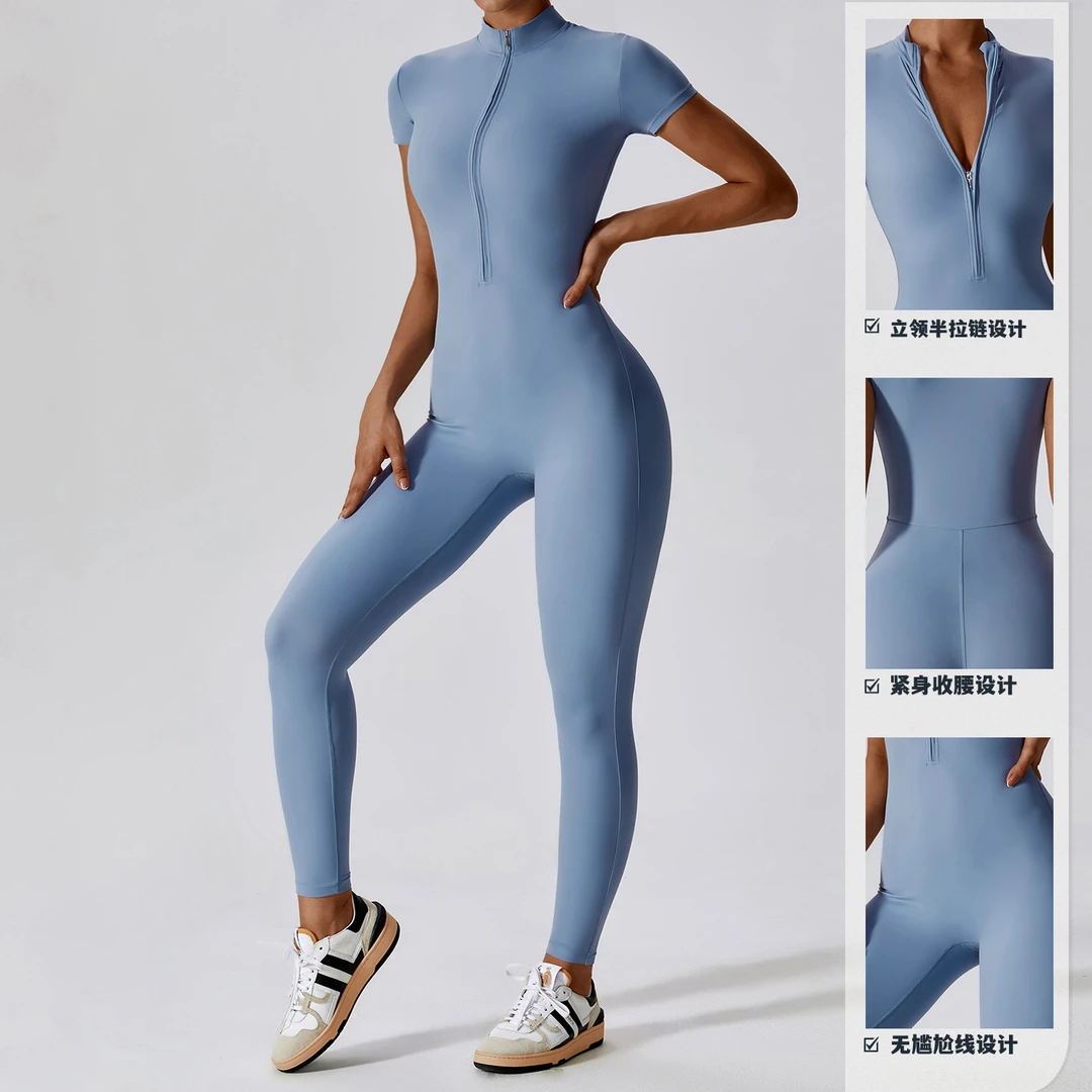 欧美拉链短袖裸感瑜伽连体服女外穿健身速干运动连体衣紧身衣8305