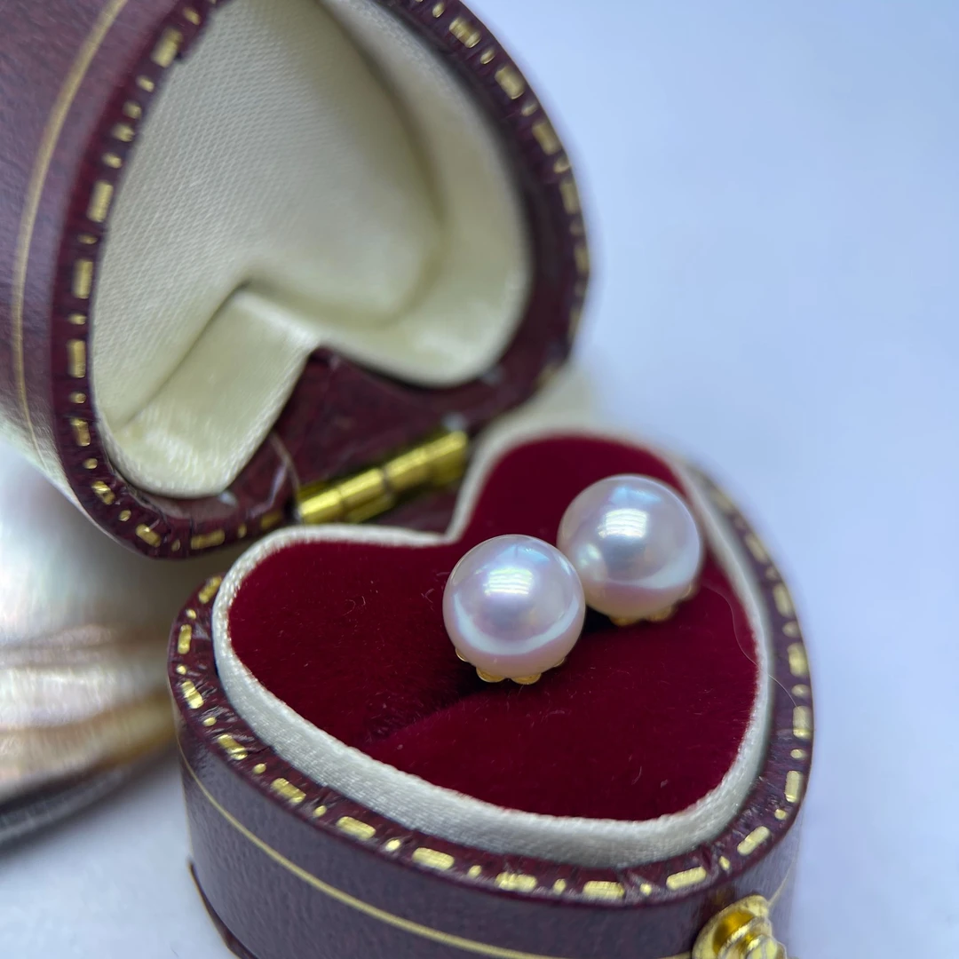 【漫椿珠宝】天然海水akoya珍珠7.5-8MM18k金天女品质耳钉经典百搭