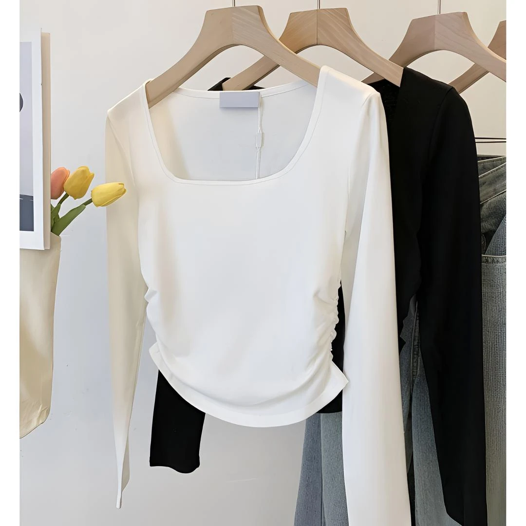 2024年新款方领褶皱收腰长袖名媛纯欲简约百搭气质小众显瘦上衣女