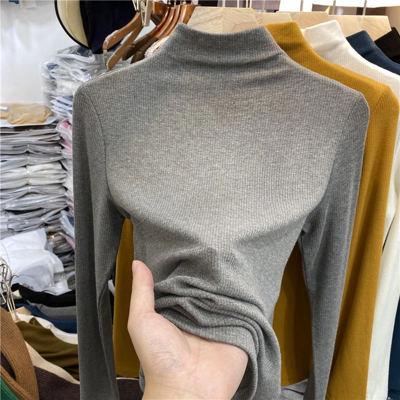 暗灰色加绒打底衫秋冬新款洋气修身内搭高级长袖秋冬上衣女冬加绒