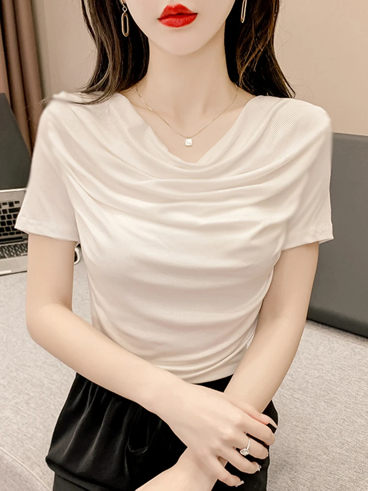 短袖小衫女高档洋气轻奢别致荡领露肩夏季薄款t恤显瘦女生