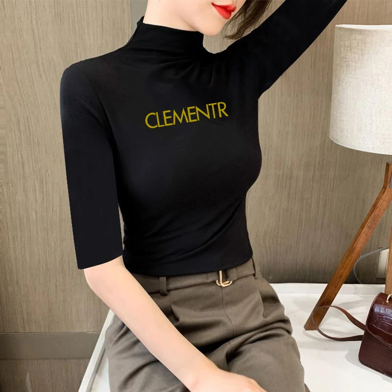 半高领黑色薄款中袖打底衫女印花半袖t恤时尚七分袖气质上衣夏女
