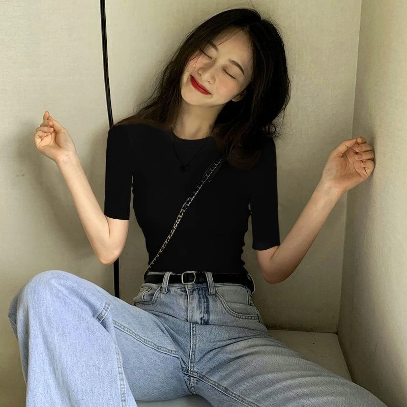 黑色小圆领中袖t恤女春秋莫代尔2025新款紧身内搭打底衫修身上衣