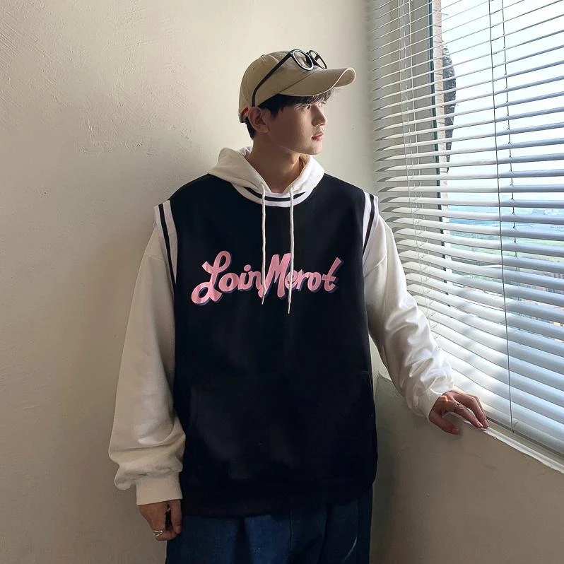 假两件连帽卫衣男2021秋冬季新款潮牌学院风拼接套头帽衫外套31