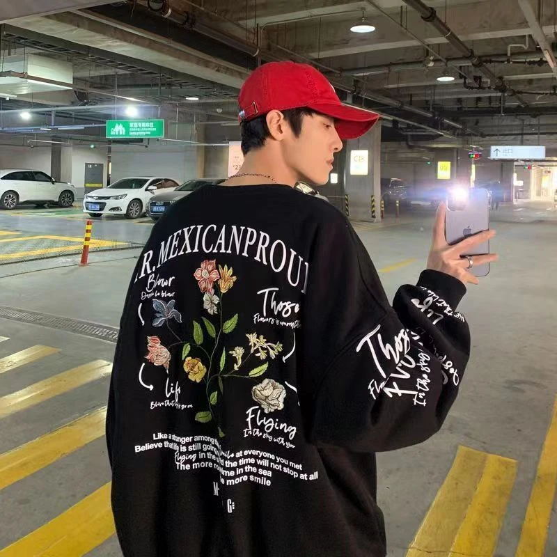 国潮刺绣卫衣男无帽ins情侣宽松hiphop圆领衣服美式复古春秋