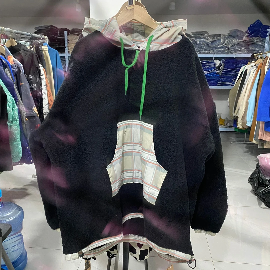 潮流春秋新款卫衣复古拼接格子连帽宽松上衣32