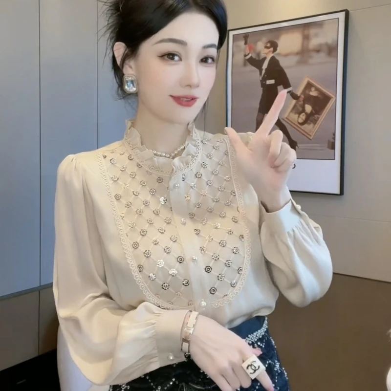 通通2391高端轻奢木耳边拼接衬衫女秋季新款重工宽松气质百搭小衫