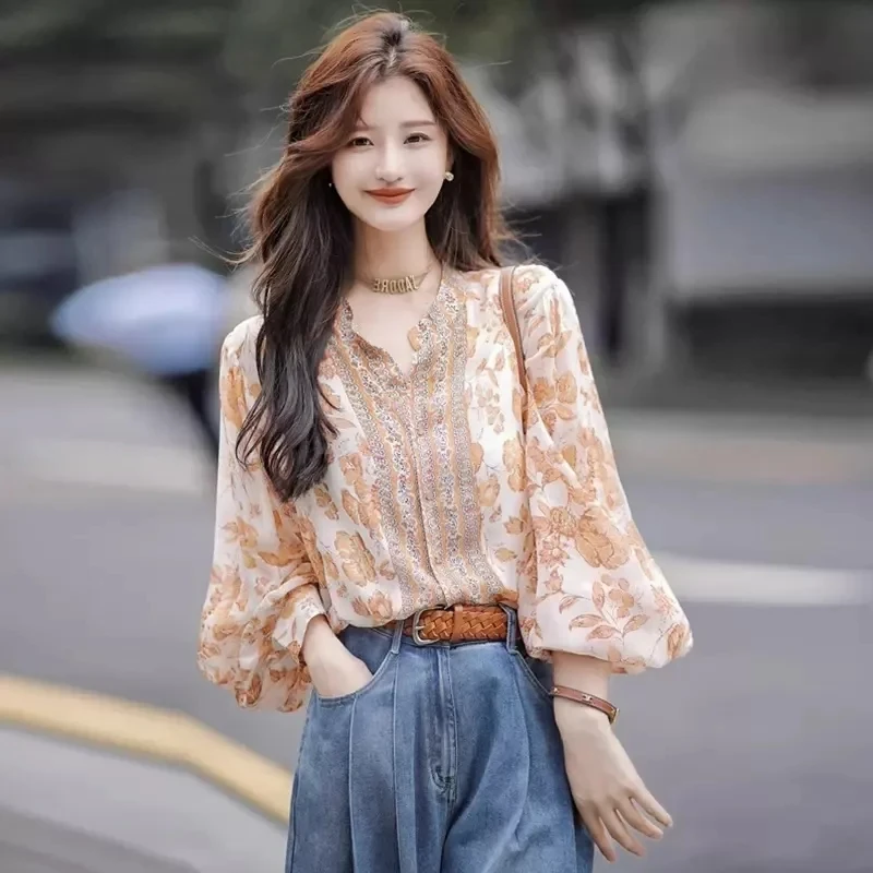 2520#法式洋气高级感雪纺上衣女春季洋气减龄设计长袖碎花衬衫