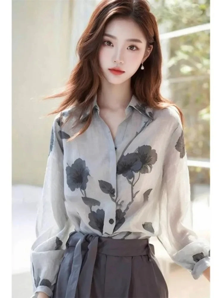 7735#高级感印花长袖洋气衬衫女秋季今年流行独特漂亮气质上衣