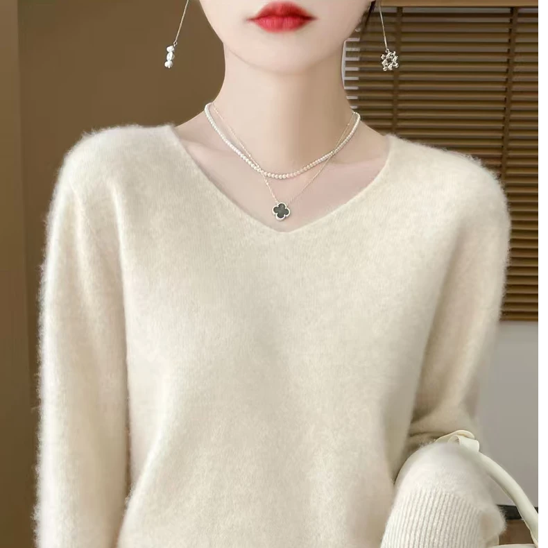 100%羊毛秋冬季女V领修身羊毛衫薄款针织套头纯色羊毛打底衫 hw