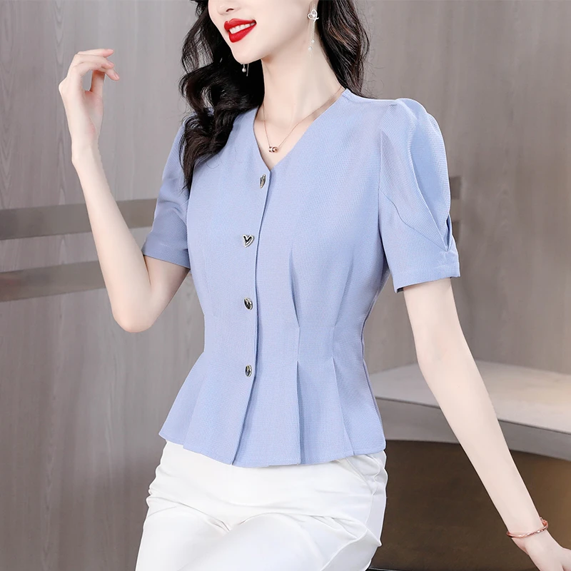 2025夏季新款衬衫女气质V领泡泡短袖纯色修身显瘦衬衣