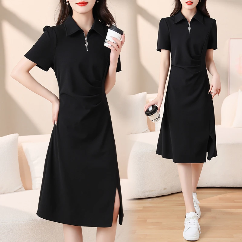 2025新款别致显瘦简约夏季超修身POLO领气质小黑裙休闲设计感