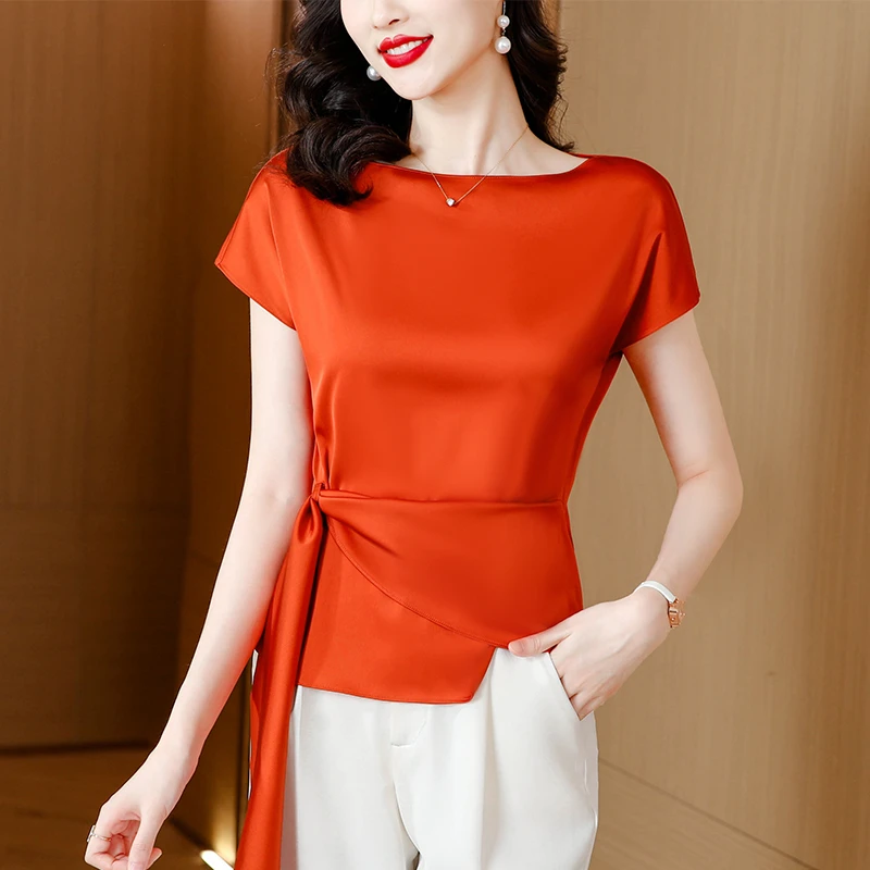 2025年夏季新款遮肚子收腰短袖不规则缎面宽松雪纺衫时尚设计感