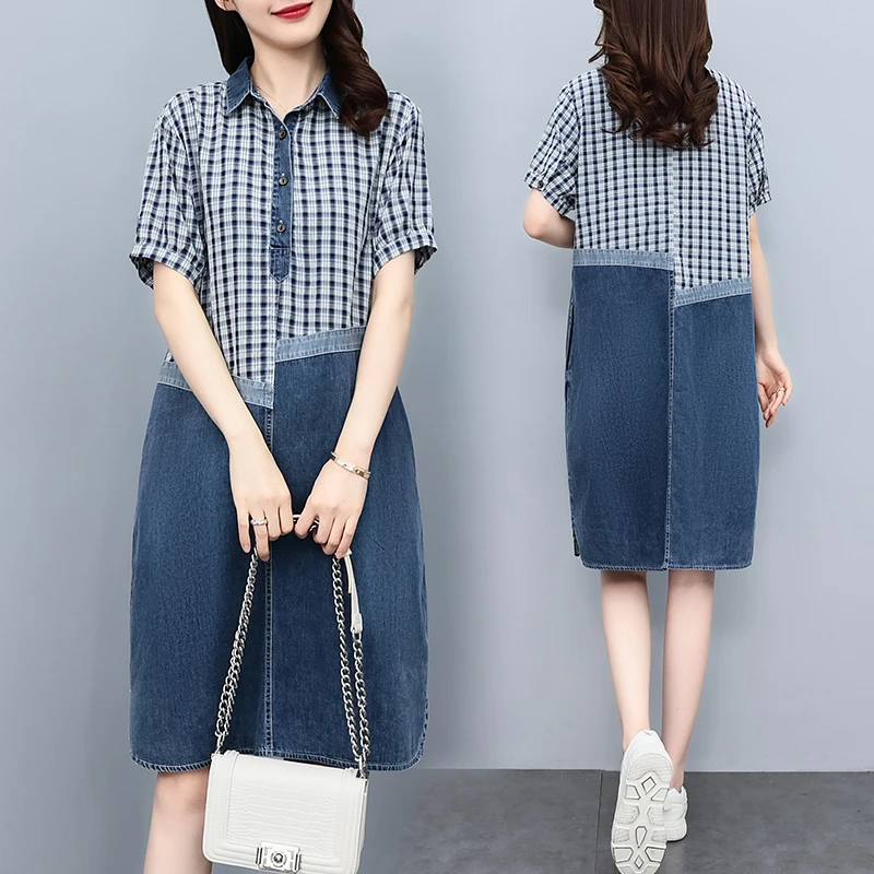 大码女装2025夏季新款胖妹妹宽松显瘦时尚格子拼接气质牛仔连衣裙