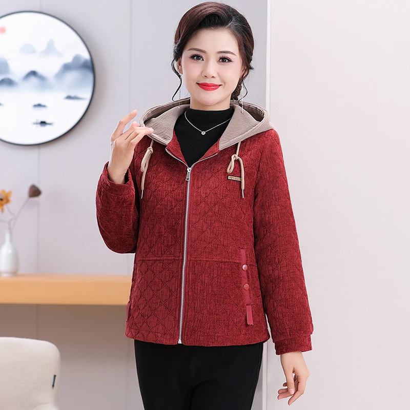 妈妈时尚外套中老年新款夹克上衣加厚宽松连帽休闲洋气短外套