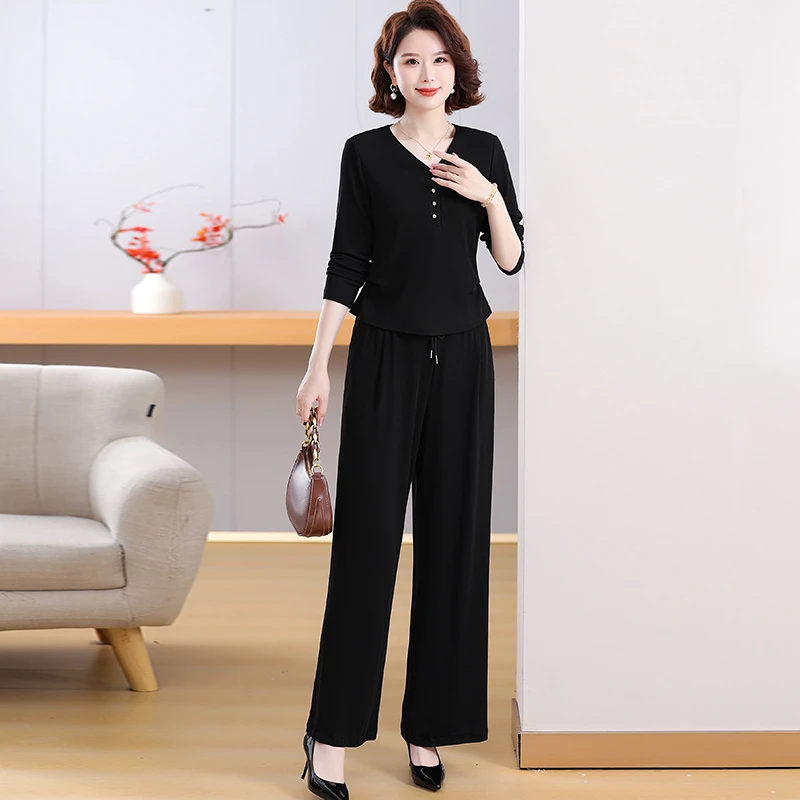 减龄气质时尚套装2024秋季妈妈显瘦新款长袖阔腿裤上衣两件套