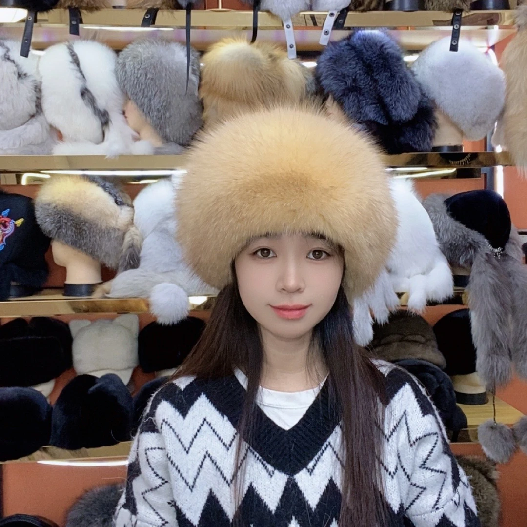 狐狸毛五尾银蓝色冬季加厚保暖皮毛一体防风女士皮草帽子