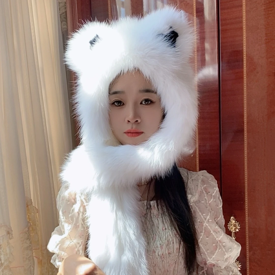 新款狐狸毛猫耳风雪帽长款时尚潮流百搭皮毛一体帽子保暖秋冬冬季