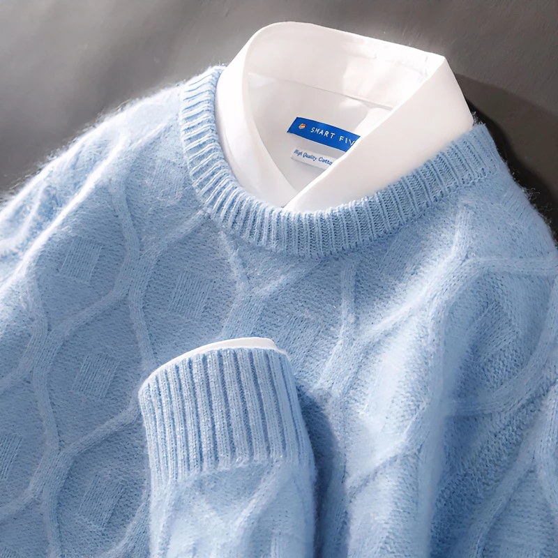 【重磅加厚】男士纯羊毛衫宽松圆领提花套头毛衣休闲商务针织打底