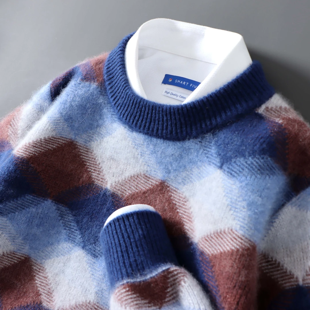 秋冬加厚撞色100%纯羊毛衫男圆领提花潮流拼色宽松百搭针织打底衫