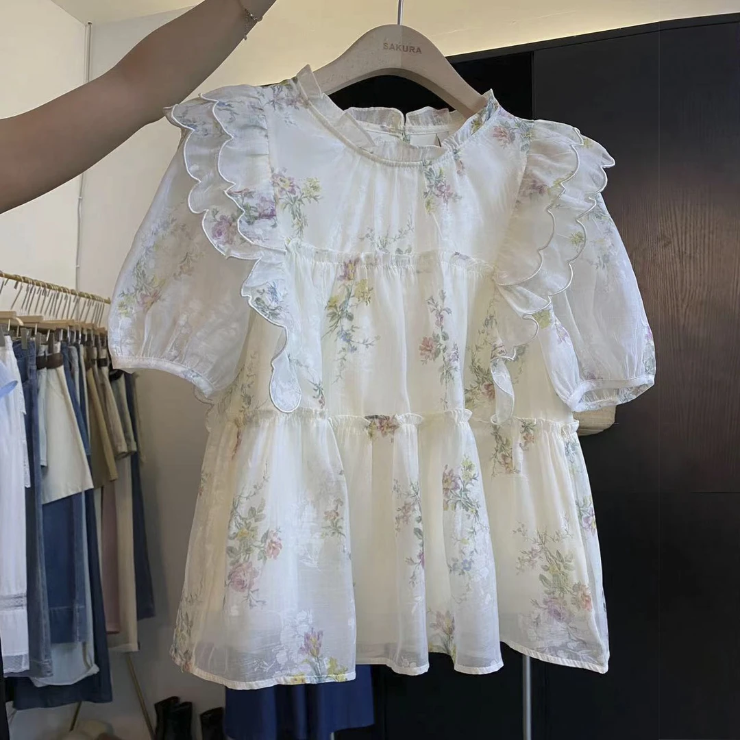 璎婲sᴀᴋᴜʀᴀ【花开半夏】媛韩版甜美减龄木耳边碎花娃娃衫短袖衬衫
