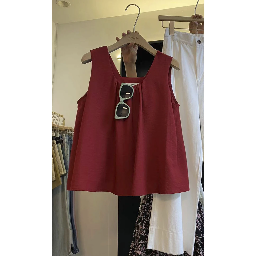 璎婲sᴀᴋᴜʀᴀ【夏威夷热恋】媛韩版简约宽松方领压褶设计感背心衬衫