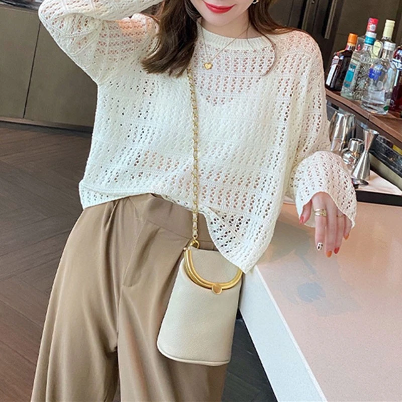 镂空针织衫女新款早春2023爆款春秋薄款宽松外穿罩衫网纱长袖上衣