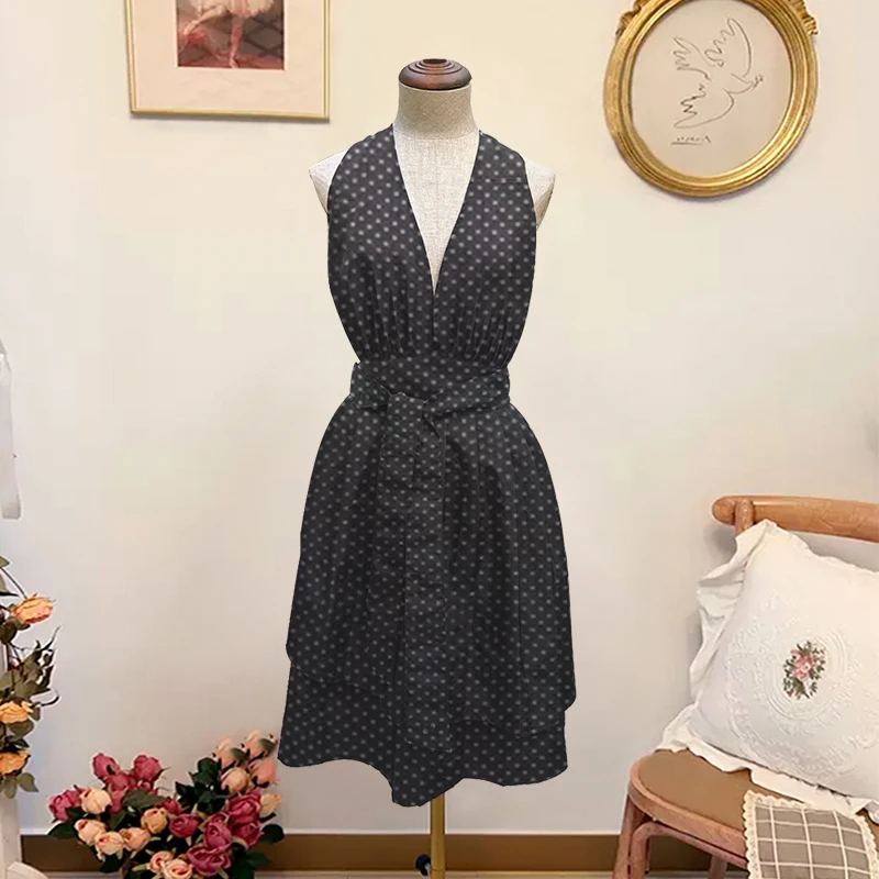 黑色小波点围裙韩版收腰显瘦家用防污耐脏罩衣简约时尚上班工作服