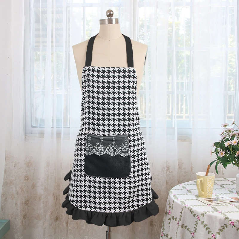 韩版时尚小清新黑色千鸟格围裙防污耐脏家用厨房做饭上班烘焙罩衣