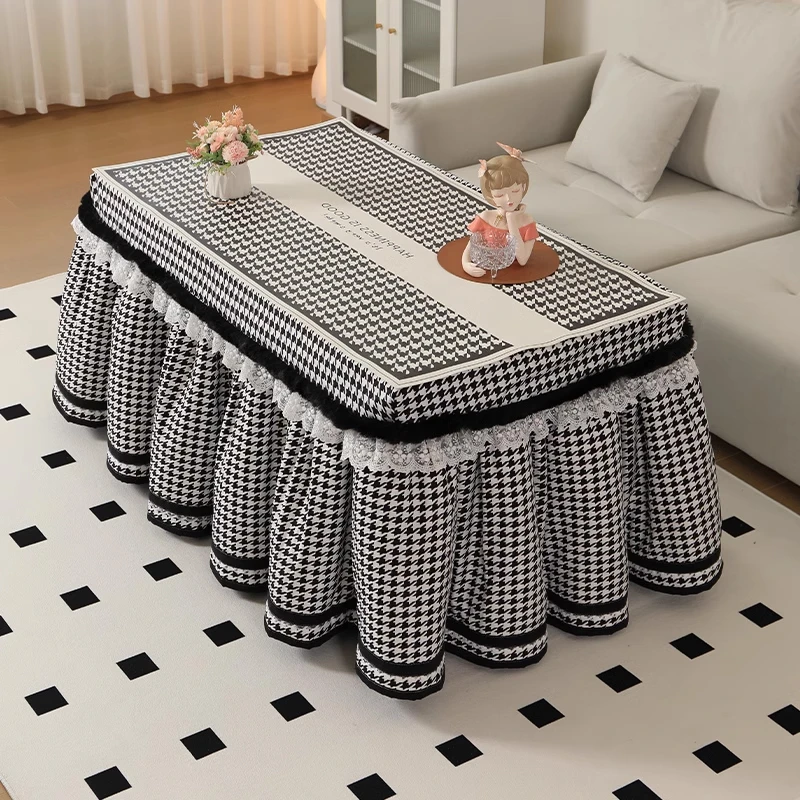 新款加绒加厚千鸟格烤火罩家用长方形烤火被取暖茶几桌麻将机罩套