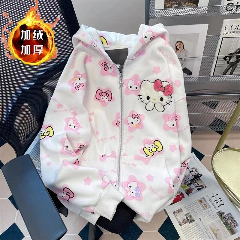 童装女童加绒连帽卫衣2023儿童秋冬韩版kitty猫可爱洋气上衣外套