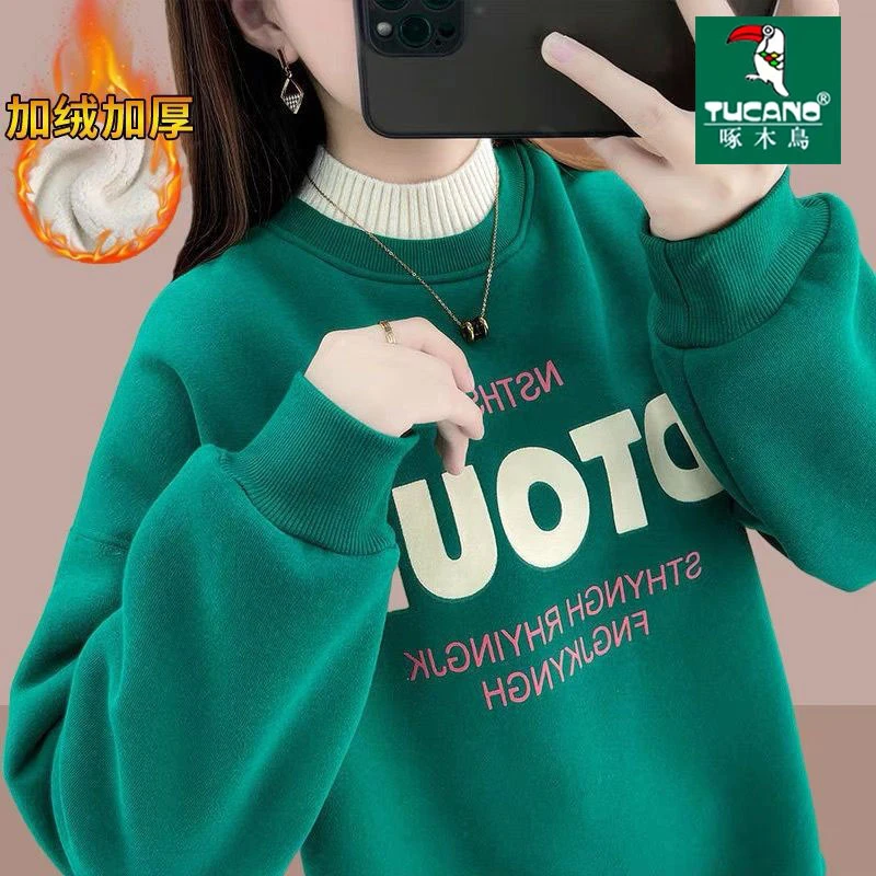 啄木鸟秋冬2024新款加绒加厚半高领女士卫衣假两件洋气宽松上衣女