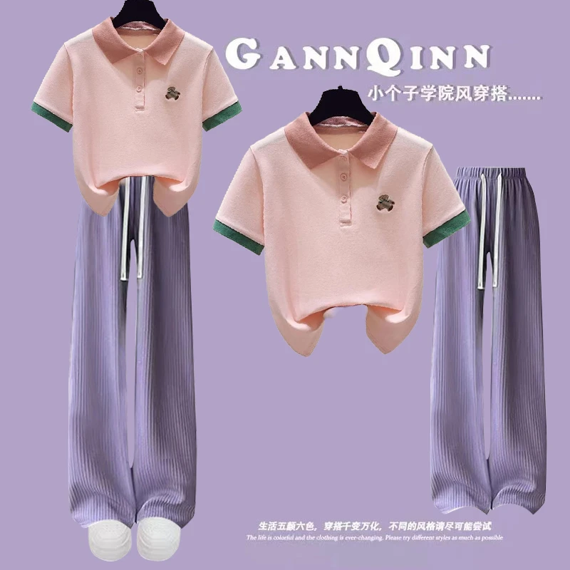 夏季中小学五六年级10-18岁polo领短袖T恤中大童女学生阔腿裤套装