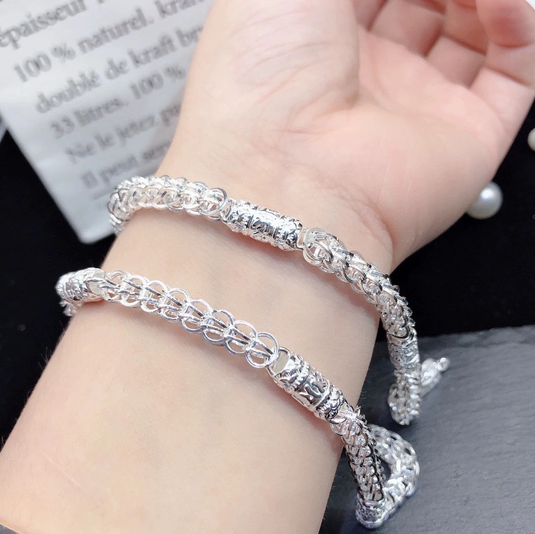 足银手链 男士手链纯银990龙头霸气个性六字真言潮男粗链百搭配饰