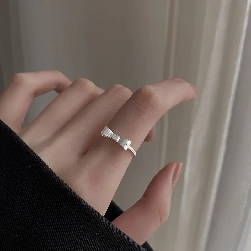 足银戒指 纯银990蝴蝶结戒指美少女小众设计轻奢指环开口素圈指环