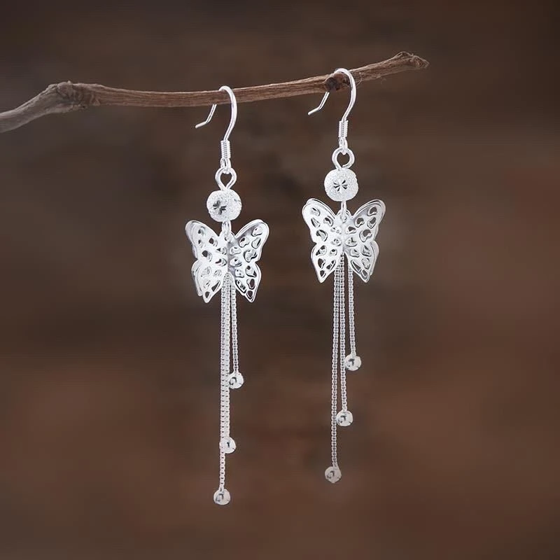 足银耳饰 纯银长款蝴蝶流苏耳钉女超仙小众设计高级耳环耳饰