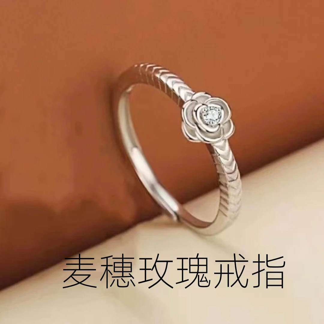 纯银990麦穗玫瑰花朵戒指女银戒女款开口可调节